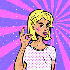 Sexy pop art woman with squinted eyes and open mouth. Vector background in comic style retro pop art. Invitation to a party. Face close-up.