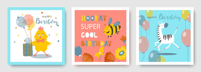 Fototapeta na wymiar Birthday invitation greeting card with cute animals, bee. illustration
