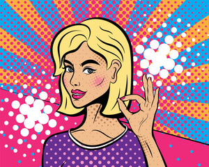 Sexy pop art woman with squinted eyes and open mouth. Background in comic style retro pop art. Invitation to a party. Face close-up.