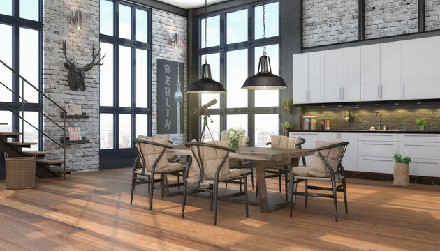 3d Illustation - Industrie Loft mit großen Fenster, einer modernen Küche, Esstisch und Stühlen - helles Esszimmer