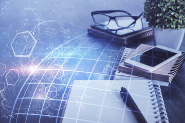 Double exposure of map drawing and cell phone background. Concept of data globalization