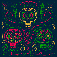 Postcard Day of the Dead. Poster with bones and skulls doodle. Children's cartoon drawing. Vector illustration