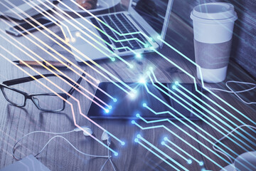 Double exposure of data theme drawing and mobile phone background. Concept of innovation