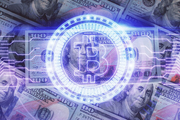 Multi exposure of crypto theme drawing over us dollars bill background. Concept of blockchain...