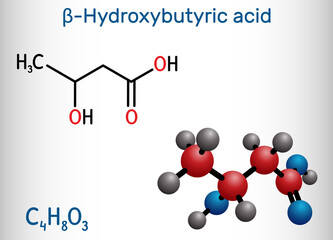 Beta-Hydroxybutyric acid, 3-hydroxybutyric acid molecule. It is beta hydroxy acid, is precursor to polyesters, biodegradable plastics. Structural chemical formula, molecule model