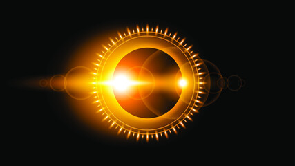 Sun Eclipse Orange Fire Dark Background Vector Moon Design Style Space Science Glow Light