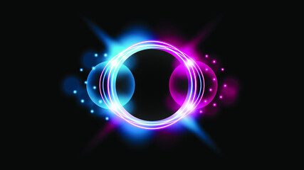 Sun Eclipse with Pink and blue Fire on Dark Background, Vector. Moon Design with Glowing Light.  Space and Science concept
