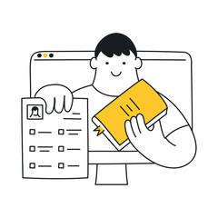 Online distant education, webinar, e-learning tutorial, educational web seminar with a teacher that holding book and questionnaire. Thin line vector illustration on white.
