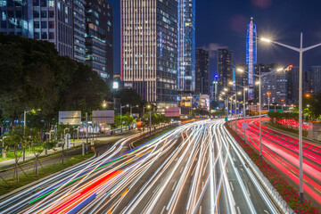 modern buildings in china shenzhen from elevated road at night