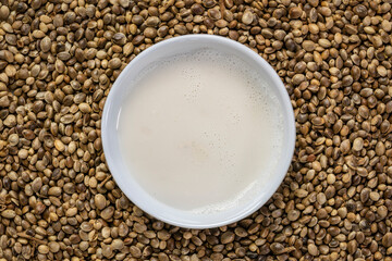 Obraz na płótnie Canvas hemp seed milk in a small ceramic bowl against a background of dry hemp seeds, alternative milk concept