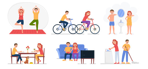 Fototapeta premium Couple everyday routine set. Happy family lifestyle. Woman and man daily activity. Vector illustration.
