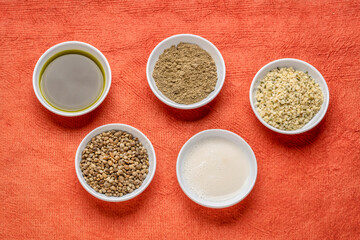 collection of hemp seed products: hearts, protein powder, milk and oil in small white bowls against textured orange paper, superfood concept