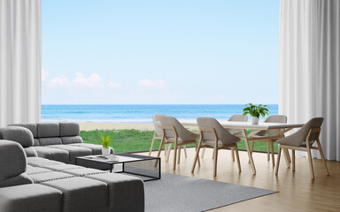 Sofa on wooden floor of large living room and dining table with curtains in modern house or luxury hotel. Minimal home interior 3d rendering with sky and sea view.