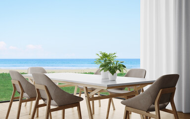 Dining table and chairs on wooden floor of large dining room with curtains in modern house or luxury hotel. Minimal home interior 3d rendering with sky and sea view.