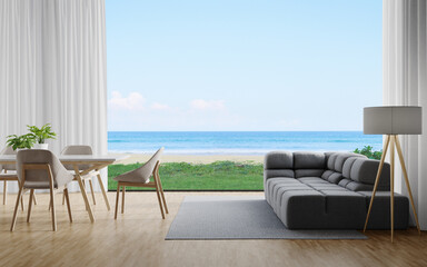 Fototapeta na wymiar Sofa on wooden floor of large living room and dining table with curtains in modern house or luxury hotel. Minimal home interior 3d rendering with sky and sea view.