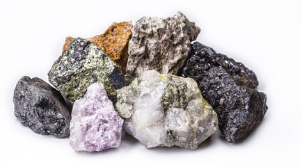 bauxite, pyrolusite, galena, pyrite, chromite, lepidolite, chalcopyrite. Collection of stones...