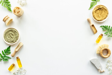 Facial beauty cosmetics products and ingredients with clay mask and brushes