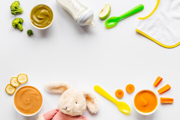 Baby food and milk bottle with kids accessories and toys