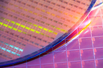 Silicon Wafer with microchips used in electronics for the fabrication of integrated circuits.