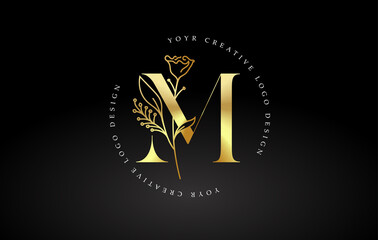 Golden Gold M Letter Design Logo with Floral Leaf Plant Idea for Cosmetic Beauty Personal Branding Logo