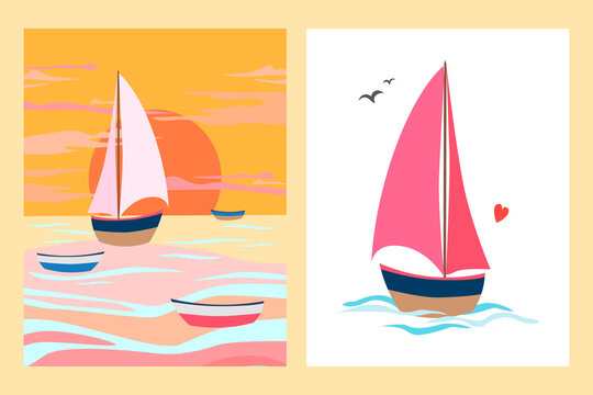 Two posters with sailboats vector minimalist design