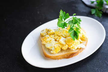 scrambled eggs scrumble egg fried fresh breakfast dish on the table healthy food meal snack copy space food background rustic. top view