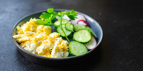 scrambled eggs scrumble egg fried fresh breakfast dish on the table healthy food meal snack copy space food background rustic. top view