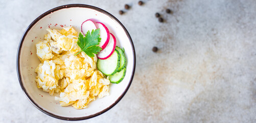 scrambled eggs scrumble egg fried fresh breakfast dish on the table healthy food meal snack copy space food background rustic. top view
