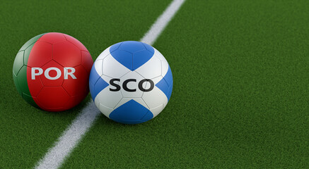 Scotland vs. Portugal Soccer Match - Leather balls in Scotland and Portugal national colors on a soccer field. Copy space on the right side - 3D Rendering 