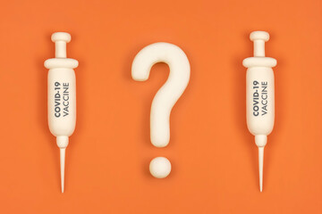 Vaccine hesitancy concept, syringes with vaccine and question mark. Doubts and hesitations about...