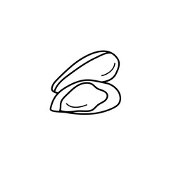 Mussel in doodle style. Vector illustration in black. A concept for a menu or a logo for sea food. Outline design