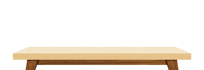 Empty brown wood table top isolated on white background. Template mock up for display of product