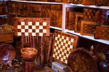 wooden chess and chess boards in the shop