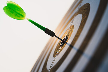 Green darts arrows in the target center on the sky background. Business target or goal success and...