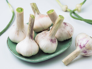 Fresh garlic heads on a green plate.