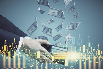 Multi exposure of technology drawing hologram and us dollars bills and man hands. Data concept