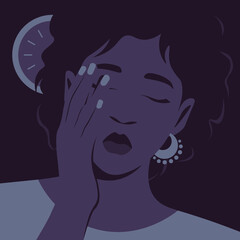 The tired African woman in the office at night. Fatigue, depression. Vector flat illustration