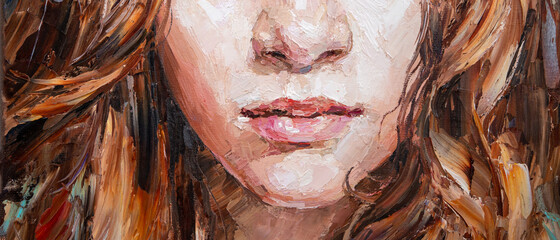 Art painting. Pink female lips. Fragment of portrait of a girl with brown hair is made in a classic style.