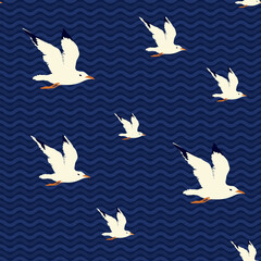 Seamless sea pattern with flying nautical birds - white marine seagulls on a dark blue backdrop with waves. Vector summer background in retro style, wallpaper, wrapping paper, fabric, travel design