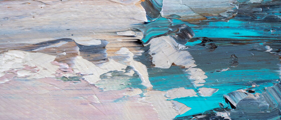 Embossed pasty oil paints and reliefs. Primary colors: blue, white grey.  Abstract art. Mix of...