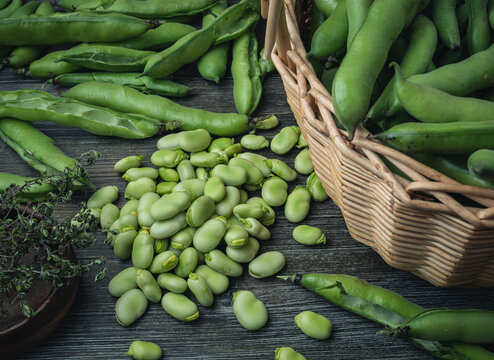 Fresh fava beans, peeled and in pods on a wooden table.