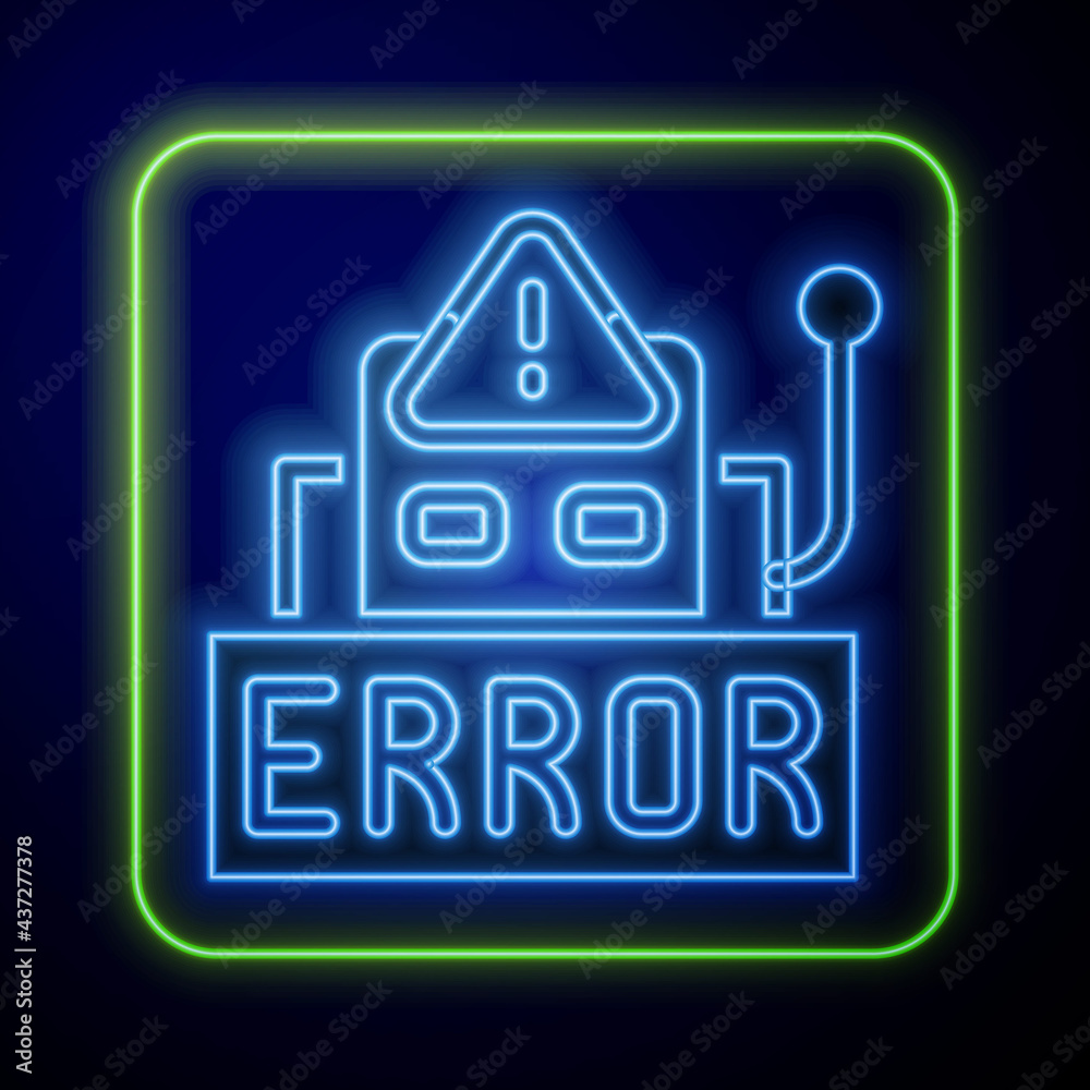 Poster glowing neon error in the operation program of the robot icon isolated on blue background. a broken 