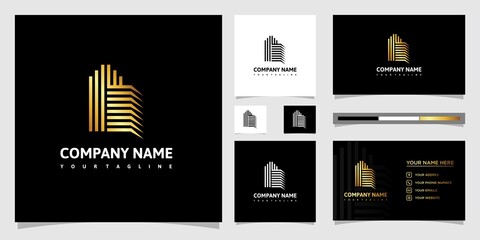 Building logo design in line art. logo design and business card set