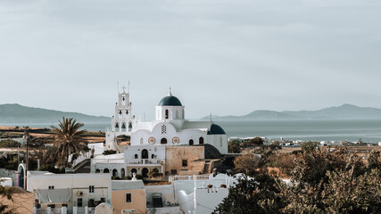 Cityscape of traditional village Karterados on Santorini island, Greece. Traditional white...