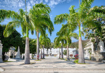 Wide view of the General Cemetery in Guayaquil, Ecuador, South America, with it's many crypts, statues and trees, on a beautiful sunny summer morning.