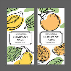 MANGO ORANGE LABELS Design Of Stickers For Shop Of Organic Natural Fruits And Dessert Drink Products In Sketch Style Vector Illustration Set For Print