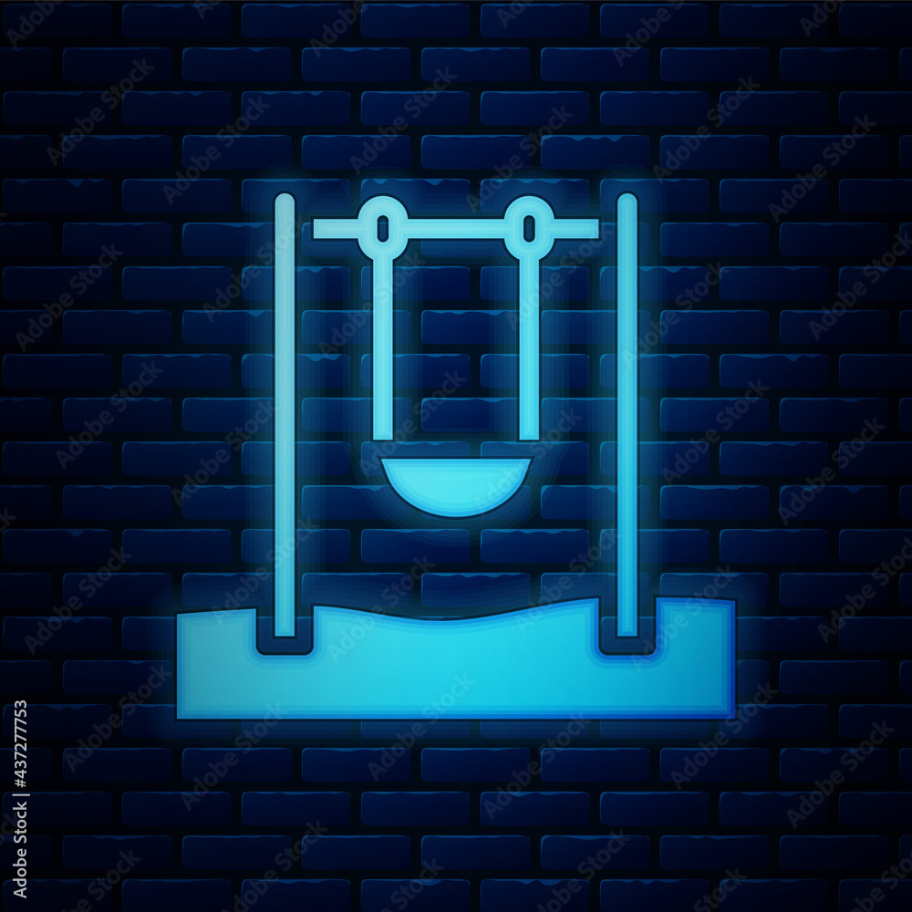 Poster glowing neon swing for kids summer games on playground icon isolated on brick wall background. outdo