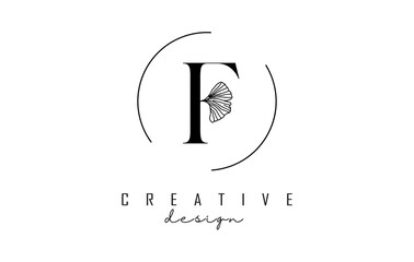 Letter F logo design with uppercase, leaf detail and circle frame. Vector Illustration with Botanical elements.