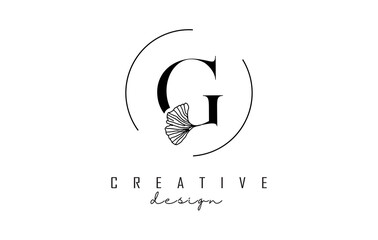 Letter G logo design with uppercase, leaf detail and circle frame. Vector Illustration with Botanical elements.