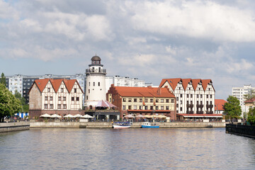 Fototapeta na wymiar Buildings of Fishing Village in Kaliningrad,